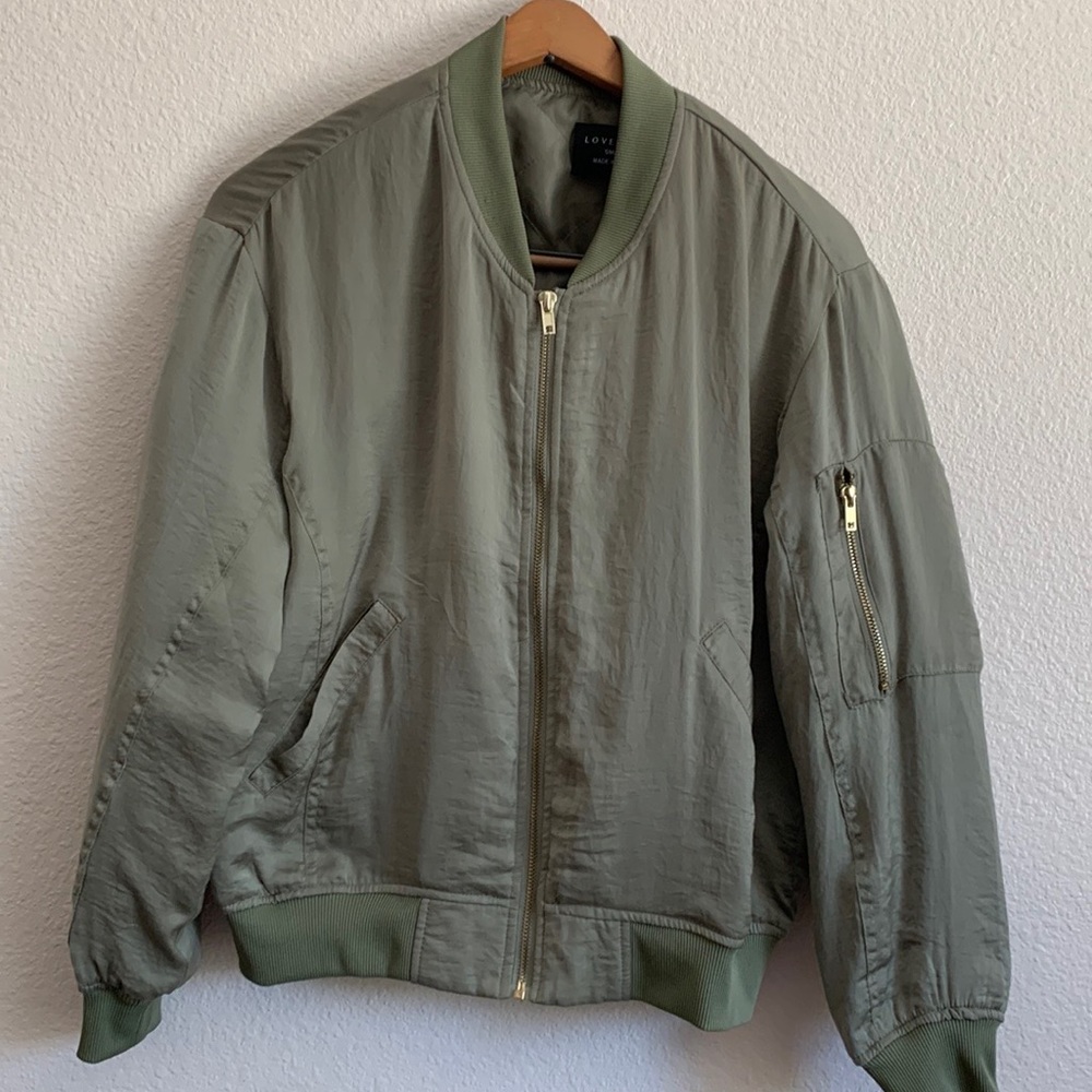 Love Tree Olive Green Rib Knit Trim Bomber Jacket SZ Small